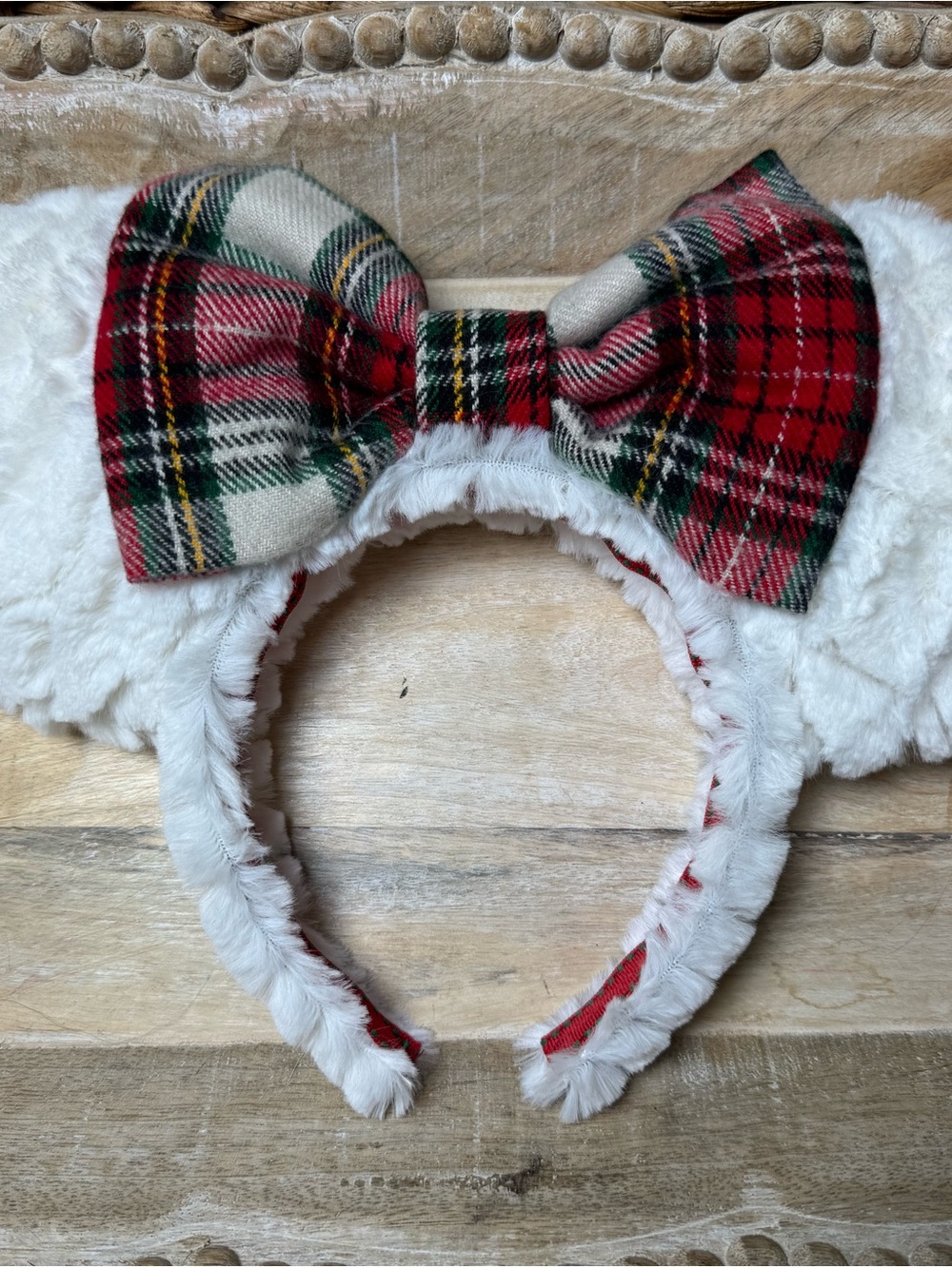 Plaid Red & Cream faux fur Holiday Bow Headband mouse ears .
